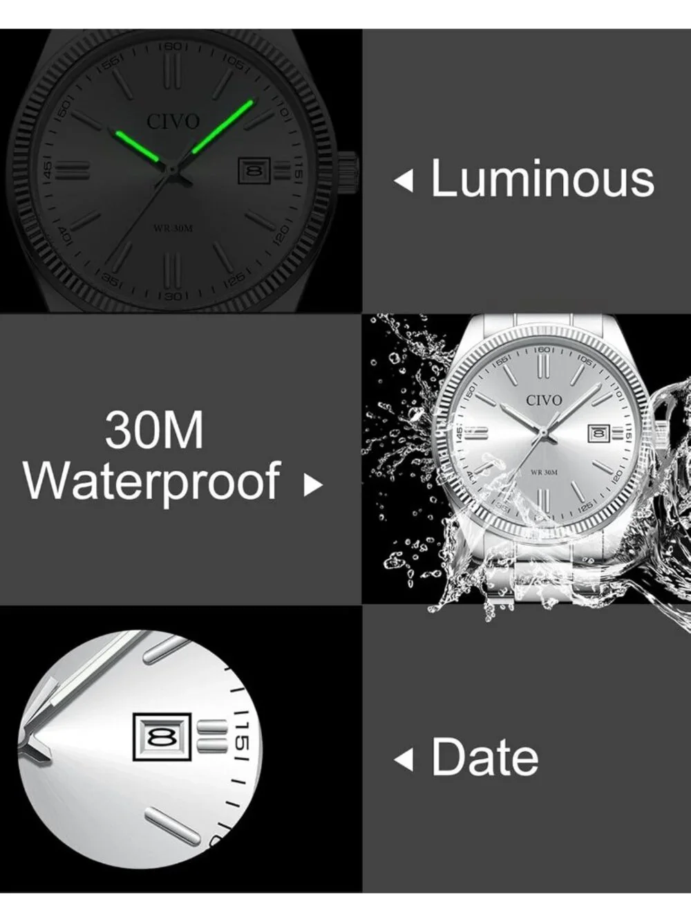 Men's Silver Analog Quartz Skeleton Stainless Steel Strap Casual Wrist Watch